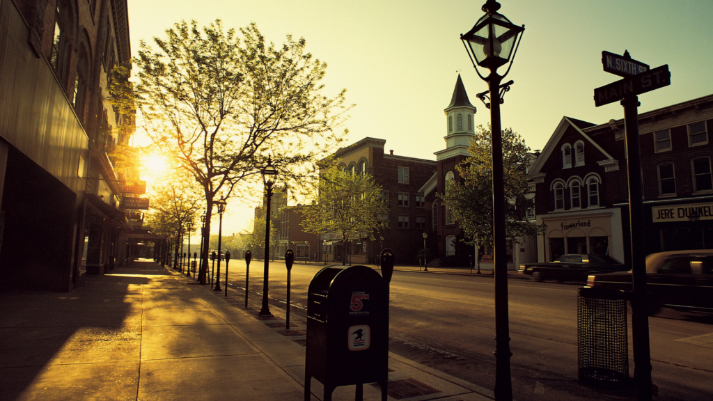 Sunrise on a quiet tree-lined street in downtown Belleville, Illinois