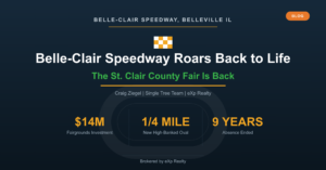 Belle-Clair Speedway banner showing a $14 million fairgrounds investment, a new quarter-mile high-banked oval, and a nine-year absence ended