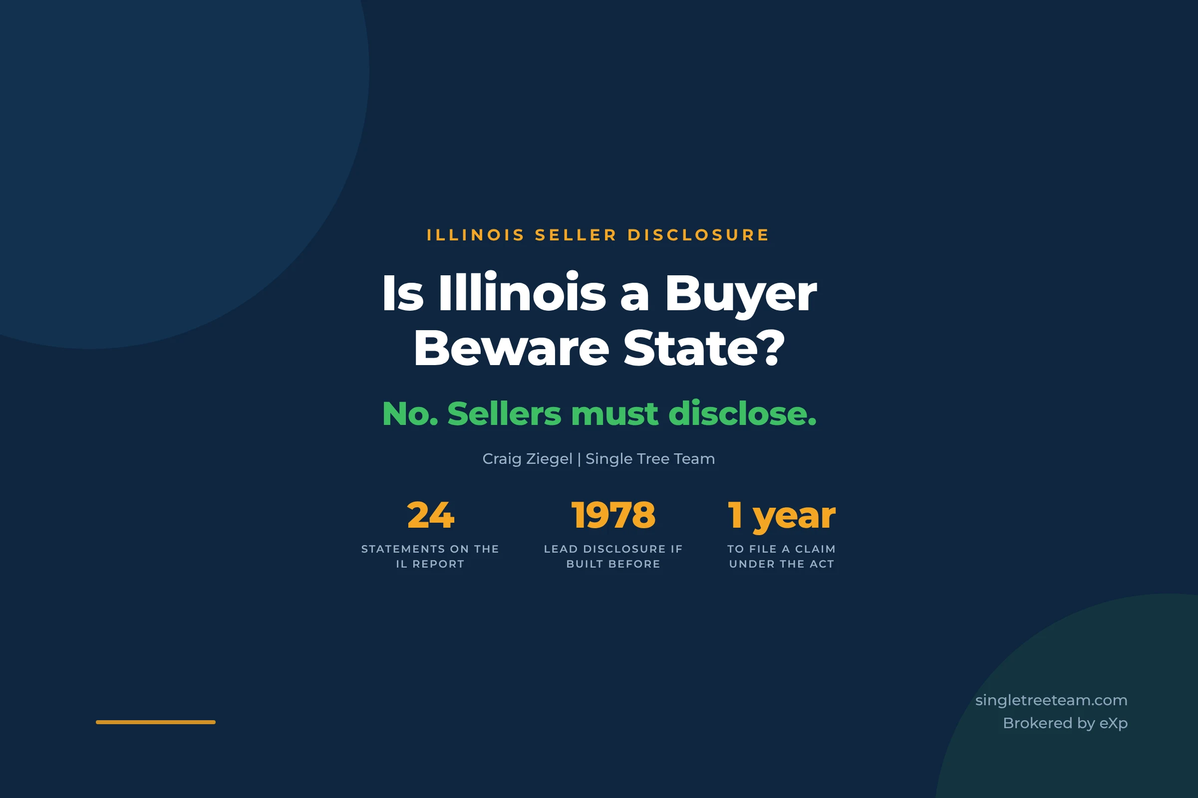 Is Illinois a buyer beware state? No, sellers must disclose. Illinois disclosure report has 24 statements, lead rule covers homes built before 1978, one year to file a claim under the Act