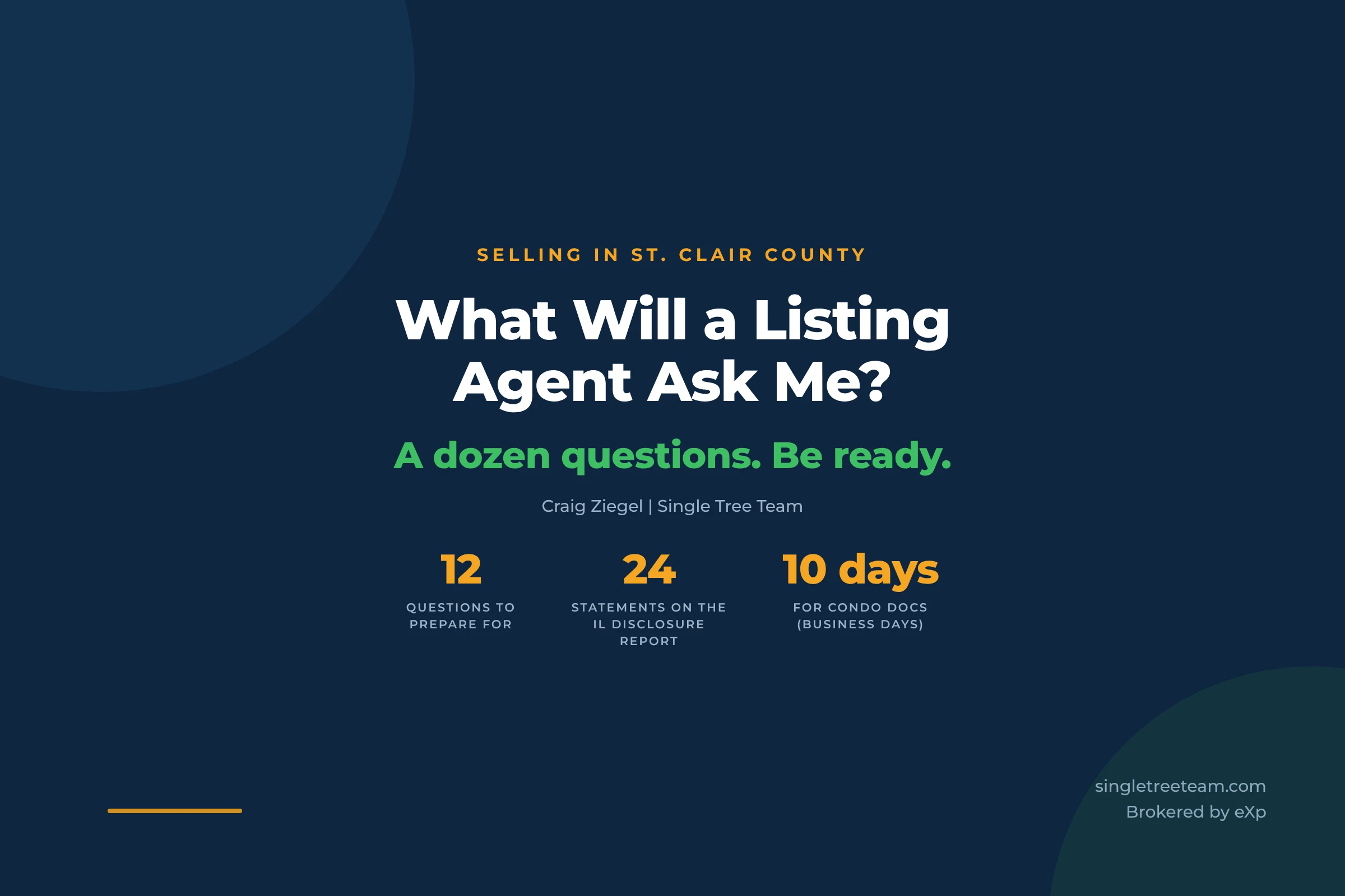 What will a listing agent ask me? A dozen questions, be ready. 12 questions to prepare for, 24 statements on the Illinois disclosure report, 10 business days for a condo association to provide resale documents